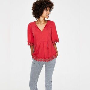 Boden Ayla Jersey Top Sunset Crochet Trim Bell Sleeves Tassels Boho Women’s Sz 4